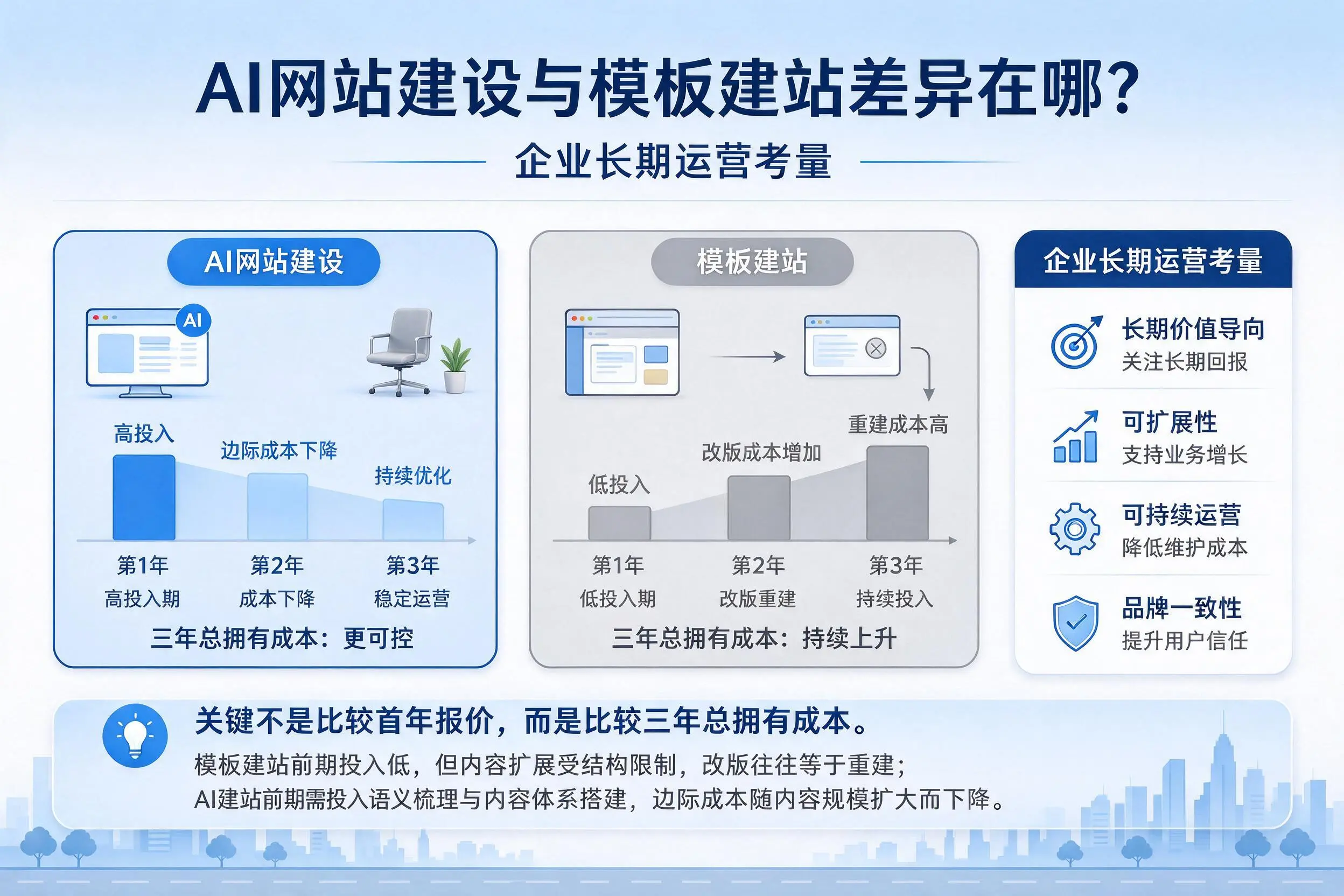 AI网站建设与模板建站差异在哪？普洱企业长期运营考量